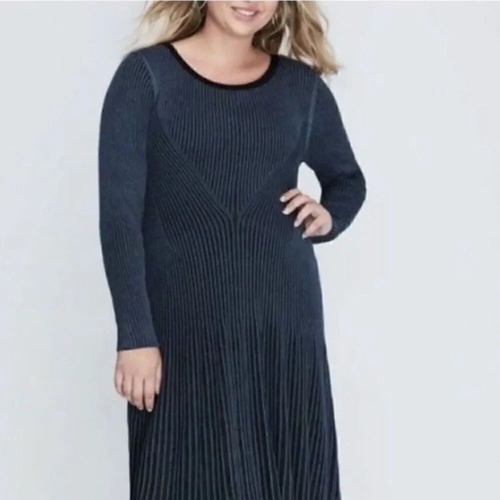 Lane Bryant Stretch Ribbed Knit Long Sleeves Sweater Dress Size 26/28 Blue Black